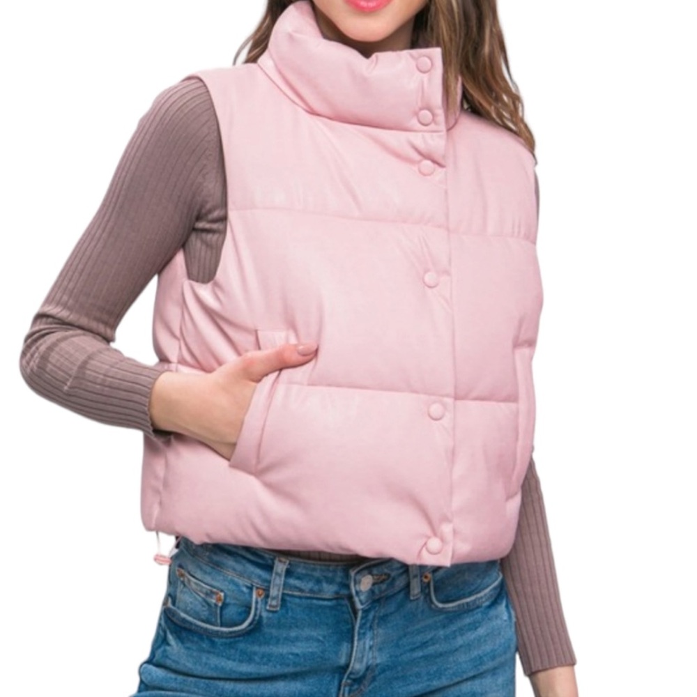 Soft fur leather light pink puffer vest